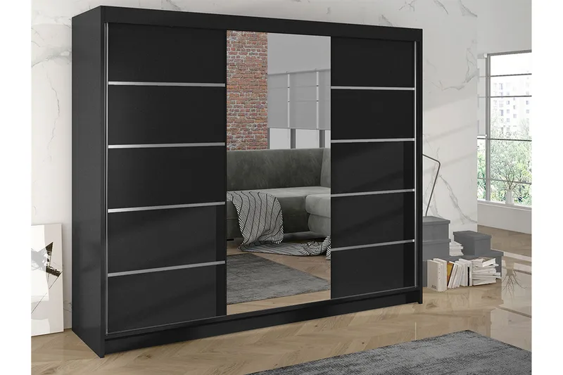 Cyria Garderobe med rummelig Opbevaring og Skydedøre med Spejl 200x215 cm - Sort - Opbevaring - Tøjopbevaring - Garderobeskabe