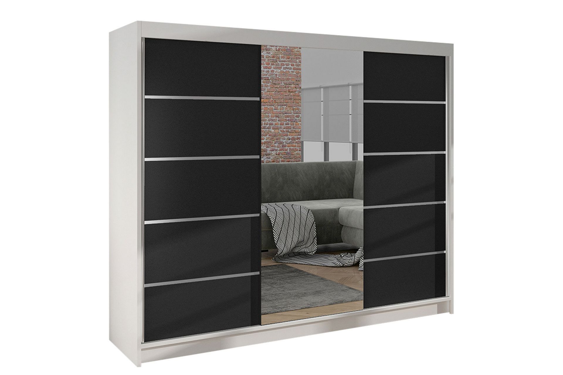 Cyria Garderobe med rummelig Opbevaring og Skydedøre med Spejl 200x215 cm - Sort/Hvid - Opbevaring - Tøjopbevaring - Garderobeskabe