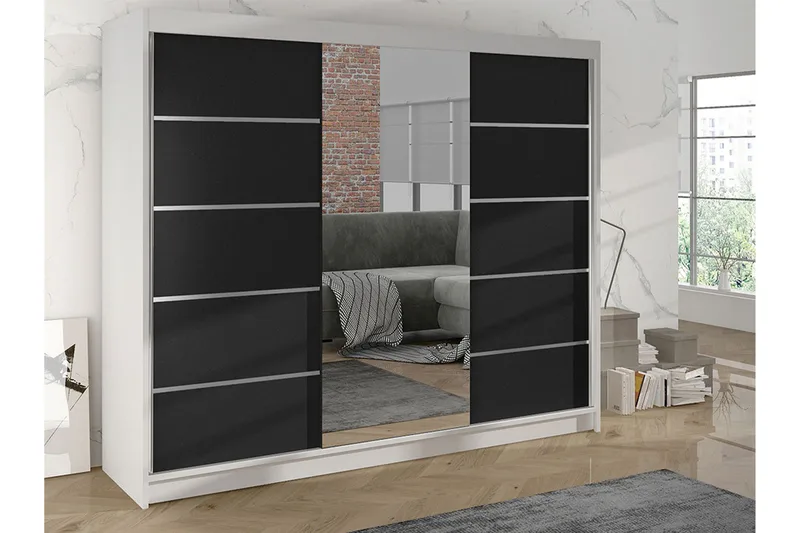 Cyria Garderobe med rummelig Opbevaring og Skydedøre med Spejl 200x215 cm - Sort/Hvid - Opbevaring - Tøjopbevaring - Garderobeskabe