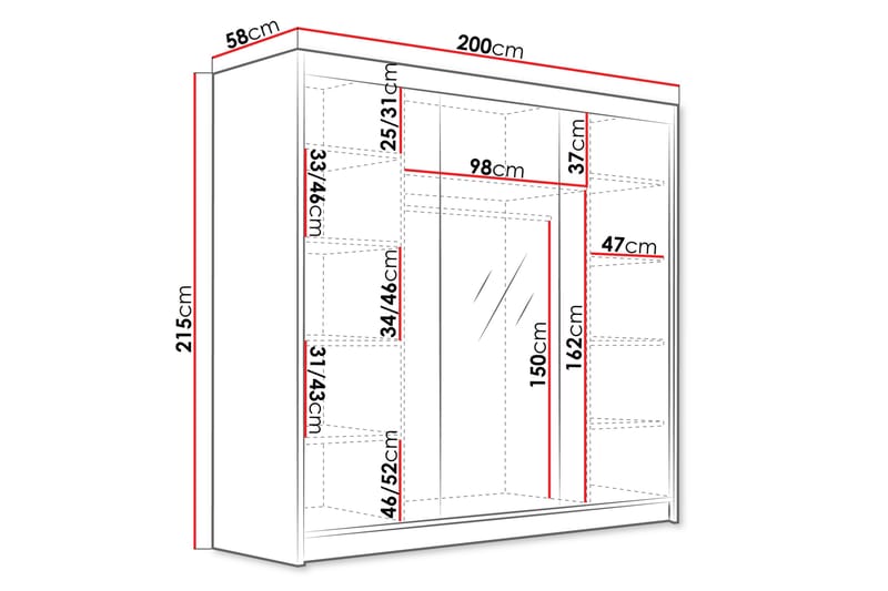 Dianna Garderobe med Spejl 200x215 cm - Sort/Hvid - Opbevaring - Tøjopbevaring - Garderobeskabe