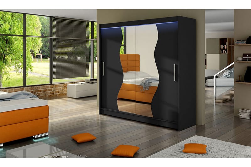 Douglas Garderobe 180x57x215 cm - Sort | Spejl | Led lys - Opbevaring - Tøjopbevaring - Garderobeskabe