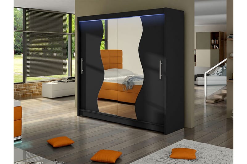 Dravon Garderobe Med Spejl 180x215 cm - Sort - Opbevaring - Tøjopbevaring - Garderobeskabe