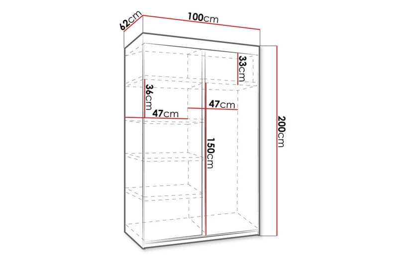 Dunkra Garderobe Med Spejl 100x200 cm - Hvid/Grå - Opbevaring - Tøjopbevaring - Garderobeskabe