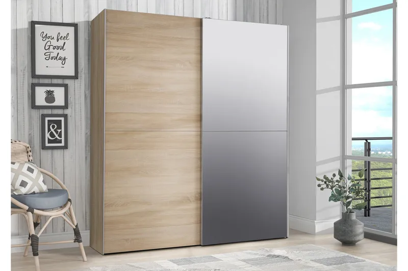 Edessa Garderobeskab 170 cm i Træ med Glasdetaljer - Brun - Opbevaring - Tøjopbevaring - Garderobeskabe
