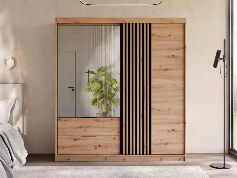 Elvyn Garderobeskabeskab med spejl 203x213 cm - Brun - Opbevaring - Tøjopbevaring - Garderobeskabe