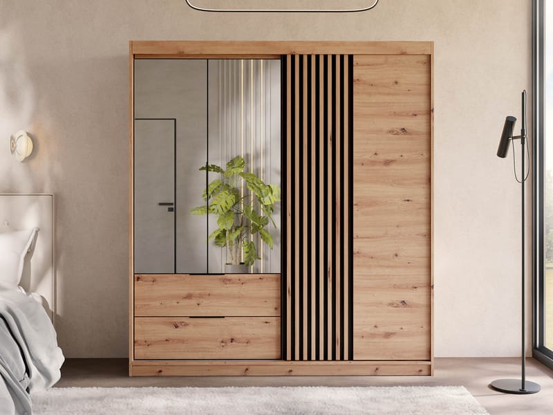 Elvyn Garderobeskabeskab med spejl 203x213 cm - Brun - Opbevaring - Tøjopbevaring - Garderobeskabe