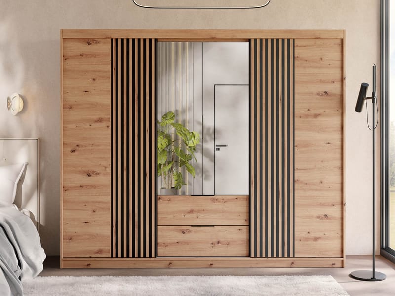 Elvyn Garderobeskabeskab med spejl 250x213 cm - Brun - Opbevaring - Tøjopbevaring - Garderobeskabe