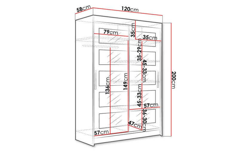 Estella Garderobe 120 cm Skydedøre 5-Delt Spejl - Hvid - Garderobeskabe - Garderobeskab & klædeskab