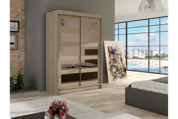 Estella Garderobe 120 cm Skydedøre Delt Spejl - Eg - Opbevaring - Tøjopbevaring - Garderobeskabe