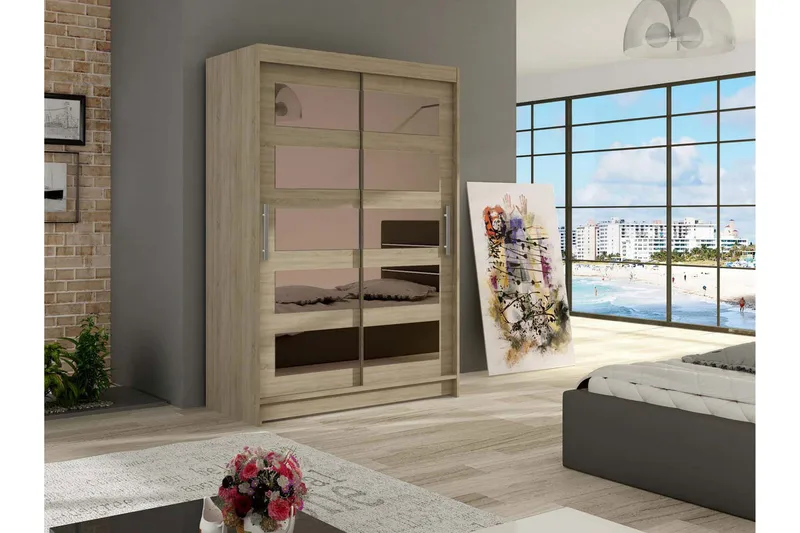 Estella Garderobe 120 cm Skydedøre Delt Spejl - Eg - Opbevaring - Tøjopbevaring - Garderobeskabe