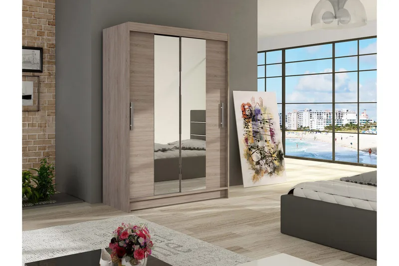 Estella Garderobe 120 cm Skydedøre Smal Spejl - Eg - Opbevaring - Tøjopbevaring - Garderobeskabe