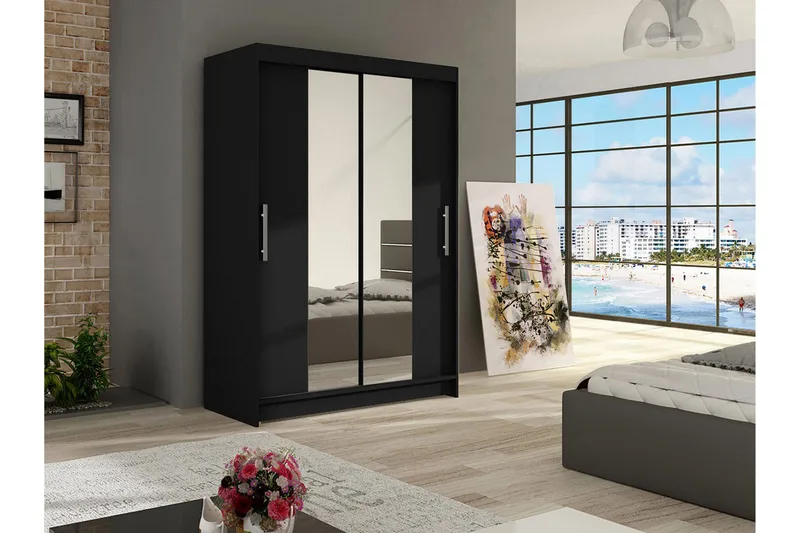 Estella Garderobe 120 cm Skydedøre Smal Spejl - Sort - Opbevaring - Tøjopbevaring - Garderobeskabe