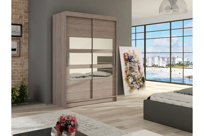 Estella Garderobe Skydedøre Delt Spejl - Lys Eg - Opbevaring - Tøjopbevaring - Garderobeskabe