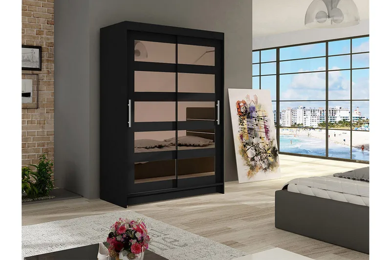 Estella Garderobe Skydedøre Delt Spejl - Sort - Opbevaring - Tøjopbevaring - Garderobeskabe