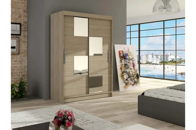 Estella Garderobe Skydedøre Firkantet Spejl - Eg - Opbevaring - Tøjopbevaring - Garderobeskabe