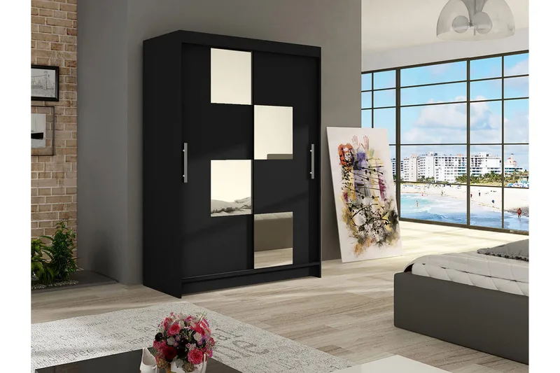 Estella Garderobe Skydedøre Firkantet Spejl - Sort - Opbevaring - Tøjopbevaring - Garderobeskabe