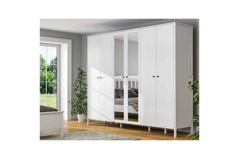 Ferra Garderobe med Spejl 261x215 cm - Natur/Hvid - Opbevaring - Tøjopbevaring - Garderobeskabe