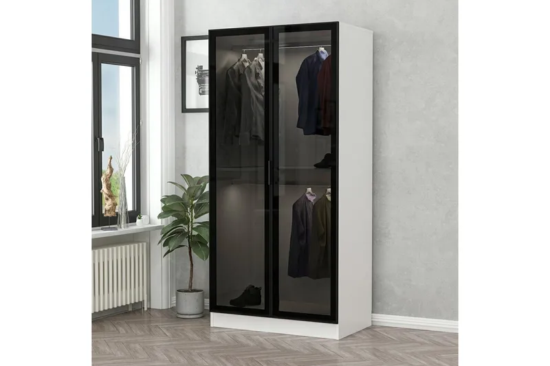 Fruitland Garderobeskab 90 cm i Træ med Glasdør, Hvid|Sort