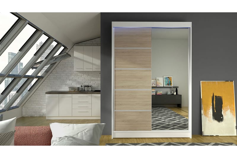 Garderobe + LED - Vit / Ek - Opbevaring - Tøjopbevaring - Garderobeskabe