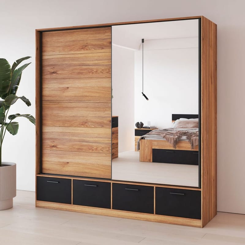 Garderobe med spejl Beta 2 skydedør med 4 skuffer - Opbevaring - Tøjopbevaring - Garderobeskabe