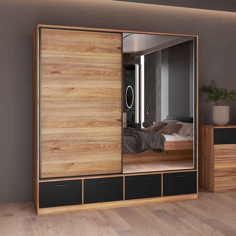 Garderobe med spejl Beta 2 skydedør med 4 skuffer - Opbevaring - Tøjopbevaring - Garderobeskabe