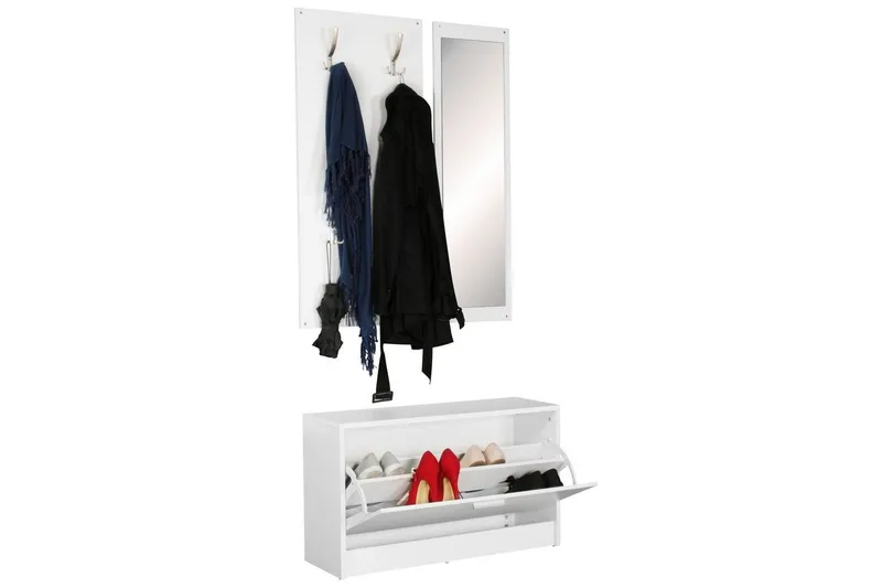 Garderobe Wohnling Vægmonteret knagerække med spejl, skohylde, spånplade, moderne Hvid - Hvid - Møbler - Entrémøbler - Møbelsæt til hall og entre