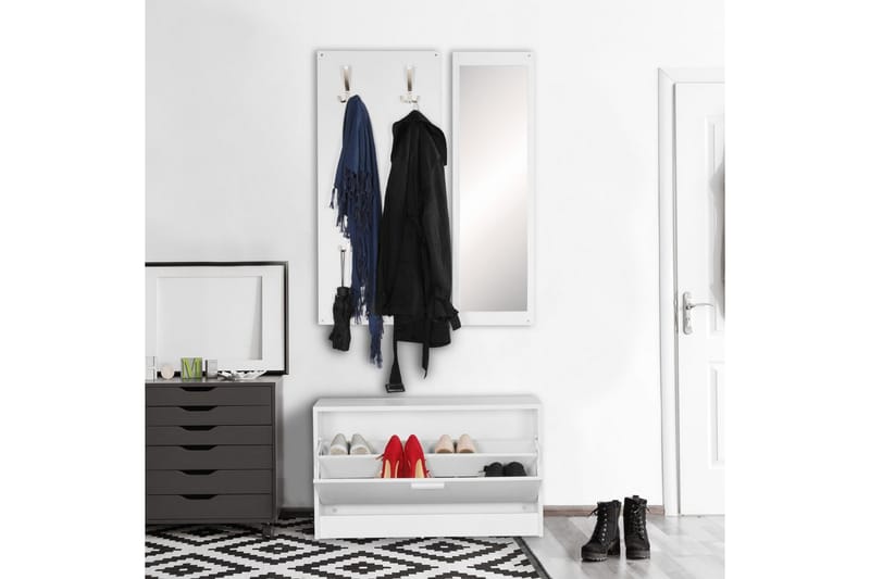Garderobe Wohnling Vægmonteret knagerække med spejl, skohylde, spånplade, moderne Hvid - Hvid - Opbevaring - Tøjopbevaring - Garderobeskabe - Garderobeindretning - Skohylde garderobe