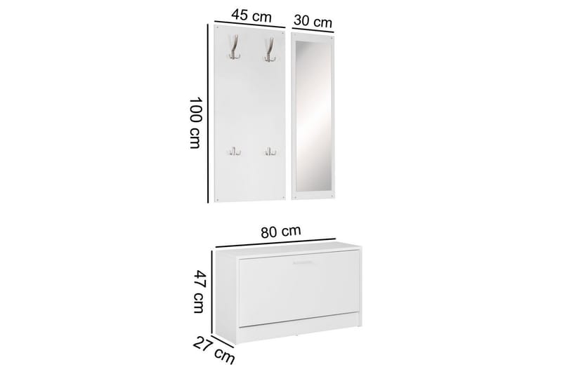 Garderobe Wohnling Vægmonteret knagerække med spejl, skohylde, spånplade, moderne Hvid - Hvid - Opbevaring - Tøjopbevaring - Garderobeskabe - Garderobeindretning - Skohylde garderobe