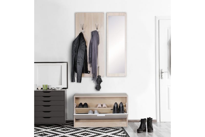 Garderobe Wohnling Vægmonteret knagerække med spejl, skohylde, spånplade, moderne Sonoma - Sonoma - Opbevaring - Tøjopbevaring - Garderobeskabe - Garderobeindretning - Skohylde garderobe