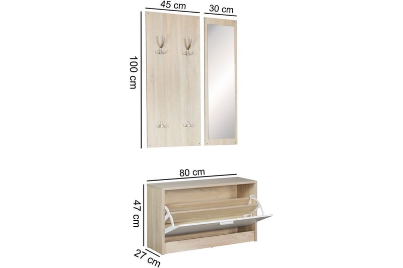 Garderobe Wohnling Vægmonteret knagerække med spejl, skohylde, spånplade, moderne Sonoma - Sonoma - Opbevaring - Tøjopbevaring - Garderobeskabe - Garderobeindretning - Skohylde garderobe