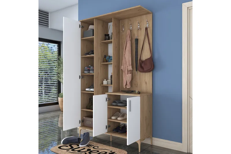 Lukkha Entrémøbel - Valnød finér/Hvid - Opbevaring - Tøjopbevaring - Garderobeskabe - Garderobeindretning - Kurveskuffestativ