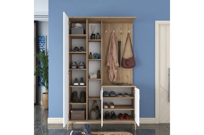 Lukkha Entrémøbel - Valnød finér/Hvid - Opbevaring - Tøjopbevaring - Garderobeskabe - Garderobeindretning - Kurveskuffestativ