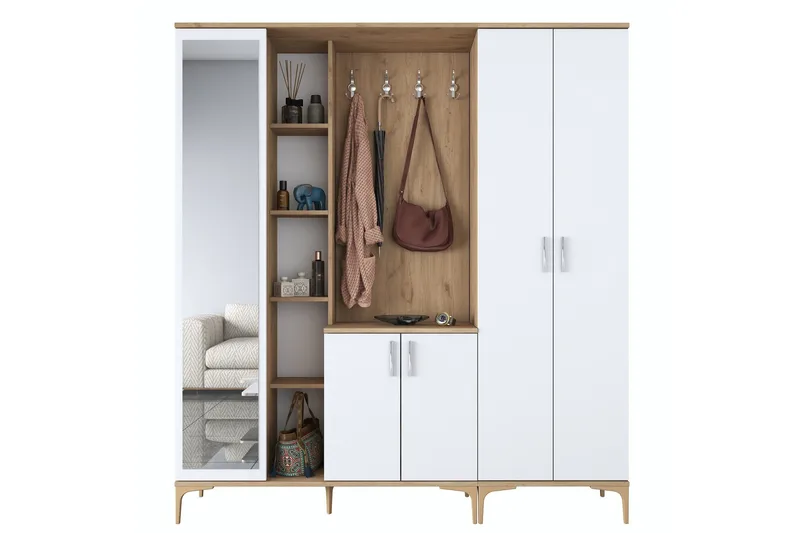 Lukkha Entrémøbel - Valnød finér/Hvid - Opbevaring - Tøjopbevaring - Garderobeskabe - Garderobeindretning - Kurveskuffestativ