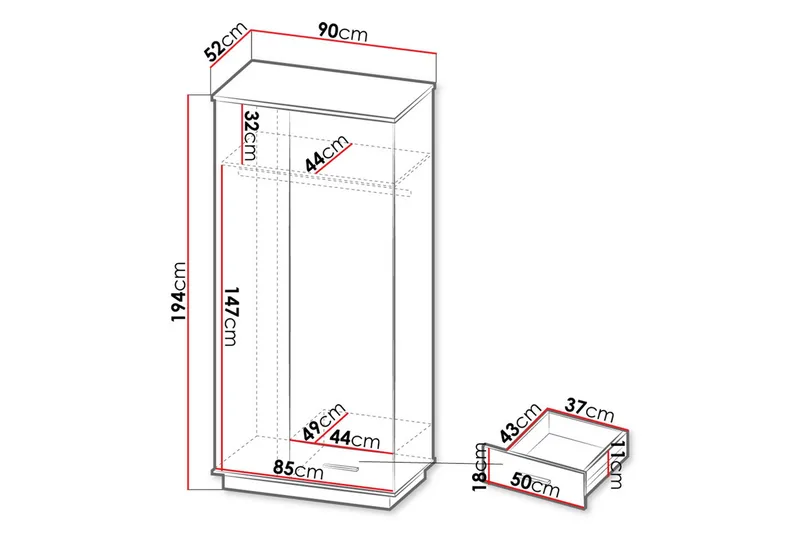 Garderobeskab 90 cm i Eg - Sort|Brun - Opbevaring - Tøjopbevaring - Garderobeskabe