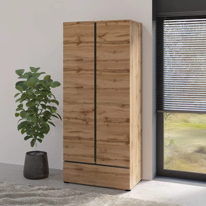Garderobeskab Cross S 2 Døre 1 Skuffe - Wotan Eg - Opbevaring - Tøjopbevaring - Garderobeskabe
