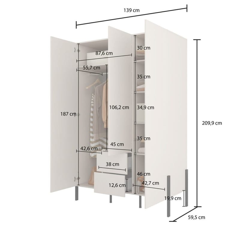 Garderobeskab Jukon S 3 Døre med 2 Skuffer - Opbevaring - Tøjopbevaring - Garderobeskabe