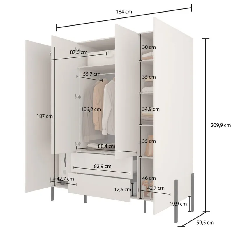 Garderobeskab Jukon S 4 Døre med 2 Skuffer - Opbevaring - Tøjopbevaring - Garderobeskabe