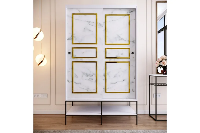 Elesham Garderobe 57x120, Hvid / Sort / Guld