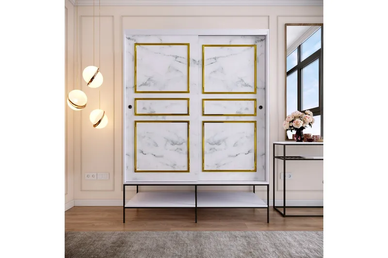 Elesham Garderobe 57x150, Hvid/Sort/Guld