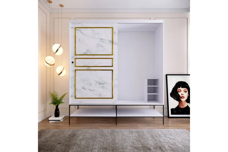 Elesham Garderobe 57x190, Hvid/Sort/Guld