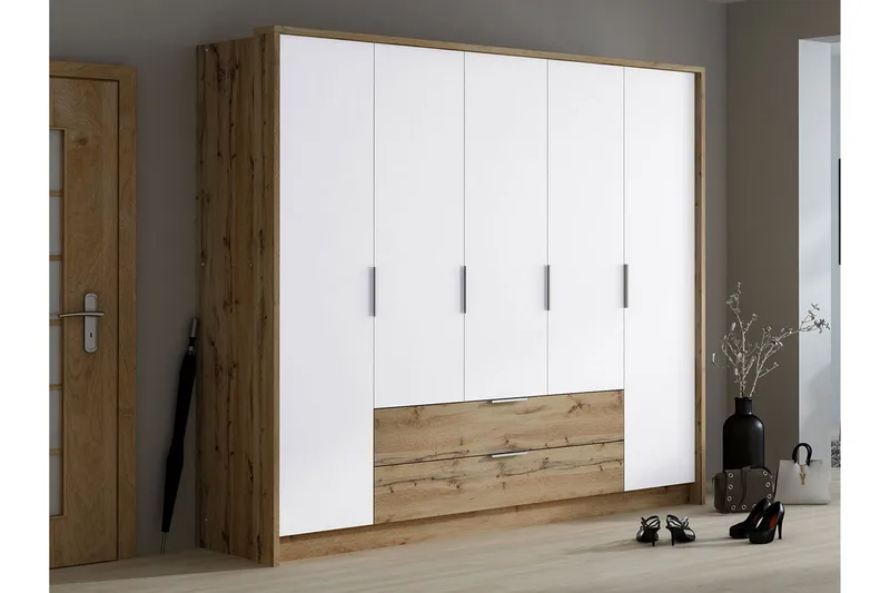 Garderobeskab med Skuffer 255 cm i Eg - Hvid|Beige - Opbevaring - Tøjopbevaring - Garderobeskabe