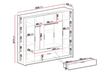 Garderobeskab med Skuffer 255 cm i Eg - Hvid|Beige - Opbevaring - Tøjopbevaring - Garderobeskabe