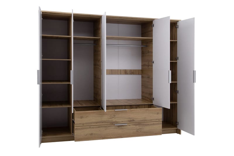 Garderobeskab med Skuffer 255 cm i Eg - Hvid|Beige - Opbevaring - Tøjopbevaring - Garderobeskabe