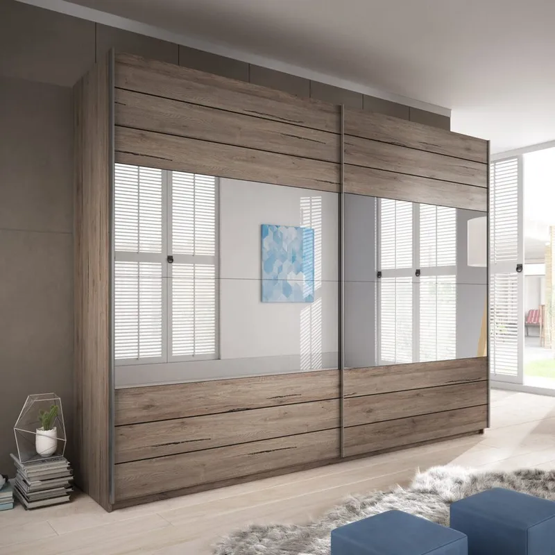 Garderobeskab med spejl Galaxy 2 skydedøre med sort glas - Mørk San Remo Eg, 270 cm - Opbevaring - Tøjopbevaring - Garderobeskabe