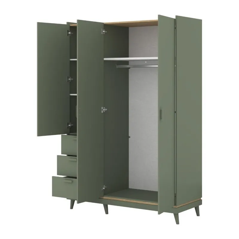 Garderobeskab Scandi 3 døre med 3 skuffer - Falmet grøn - Oliebehandlet eg - Opbevaring - Tøjopbevaring - Garderobeskabe