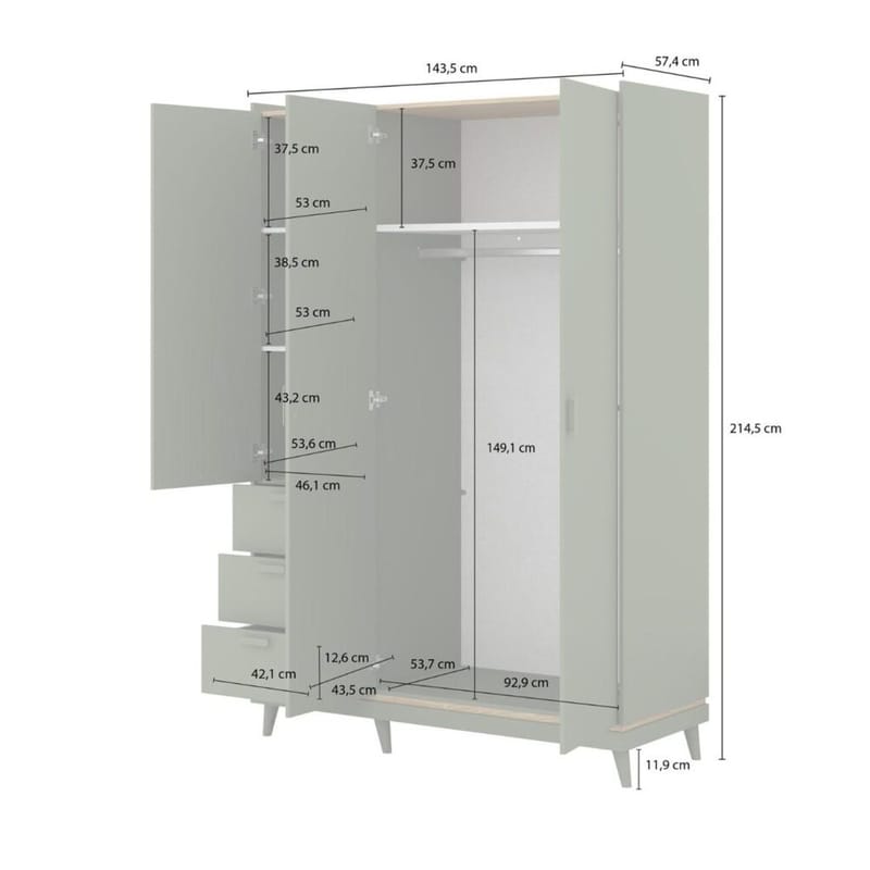 Garderobeskab Scandi 3 døre med 3 skuffer - Falmet grøn - Oliebehandlet eg - Opbevaring - Tøjopbevaring - Garderobeskabe