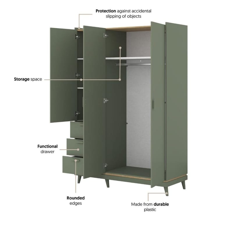 Garderobeskab Scandi 3 døre med 3 skuffer - Falmet grøn - Oliebehandlet eg - Opbevaring - Tøjopbevaring - Garderobeskabe