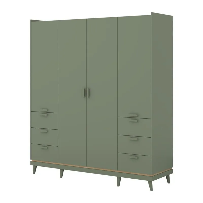 Garderobeskab Skandi 4 Døre med 6 Skuffer, Falmet Grøn - Olieret Eg