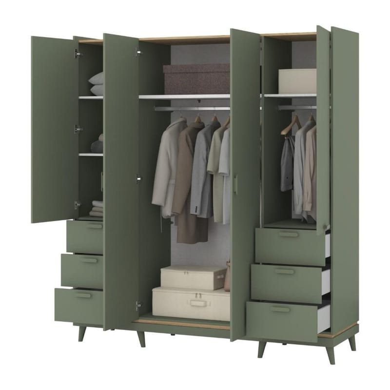 Garderobeskab Skandi 4 Døre med 6 Skuffer - Falmet Grøn - Olieret Eg - Opbevaring - Tøjopbevaring - Garderobeskabe