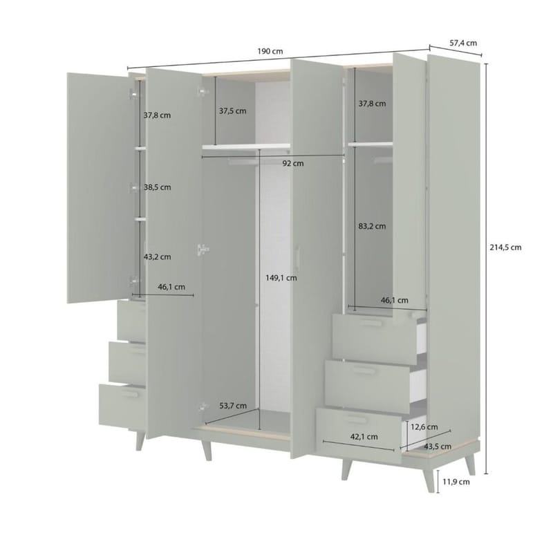 Garderobeskab Skandi 4 Døre med 6 Skuffer - Falmet Grøn - Olieret Eg - Opbevaring - Tøjopbevaring - Garderobeskabe